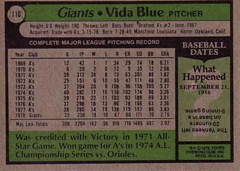 Vida Blue  baseball card collectible - Main Image 2