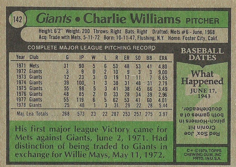 Charlie Williams  baseball card collectible - Main Image 2