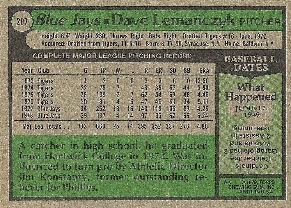 Dave Lemanczyk  baseball card collectible - Main Image 2