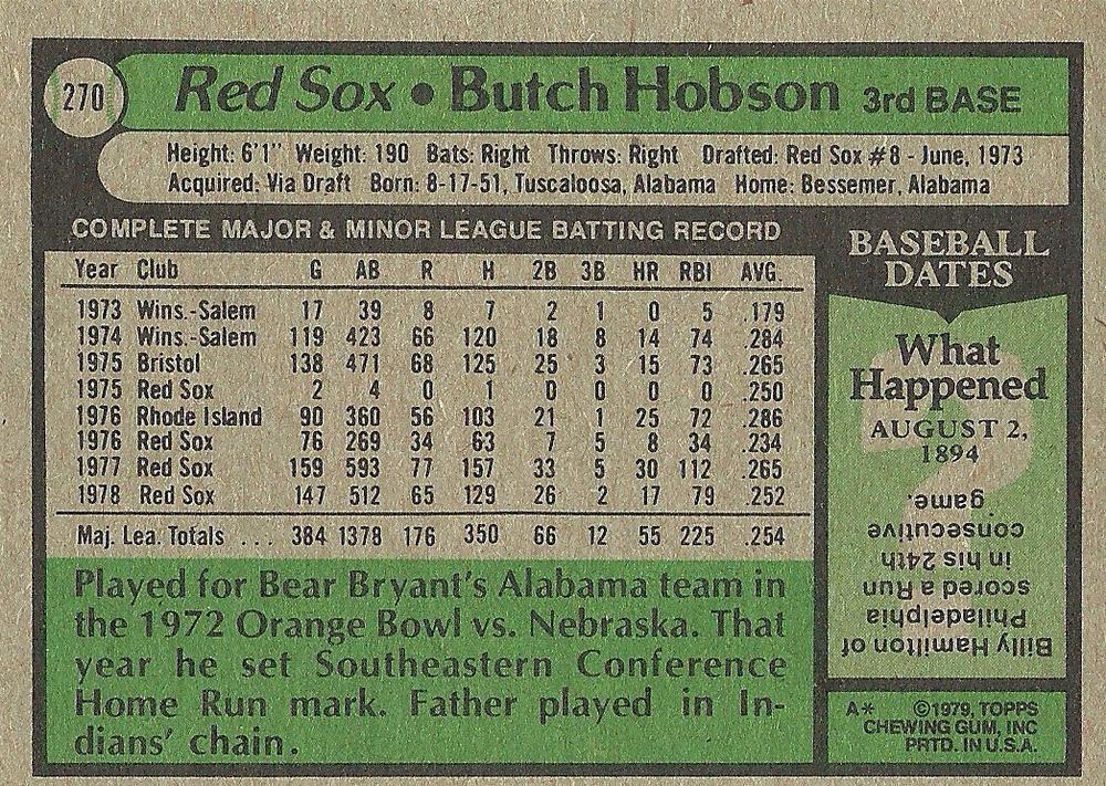 Butch Hobson  baseball card collectible - Main Image 2
