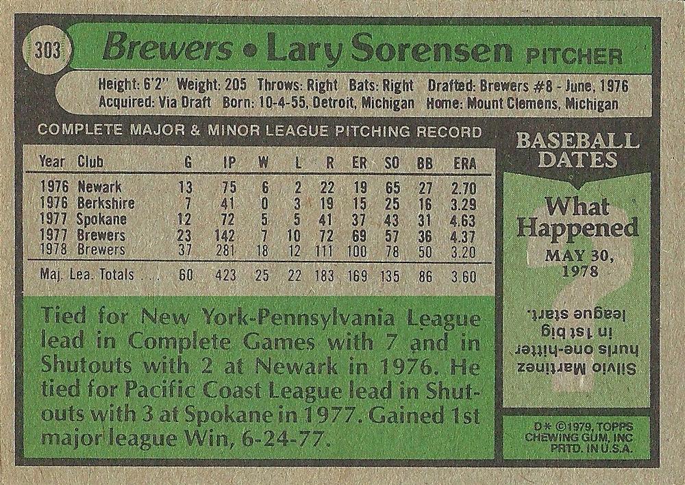 Lary Sorensen  baseball card collectible - Main Image 2