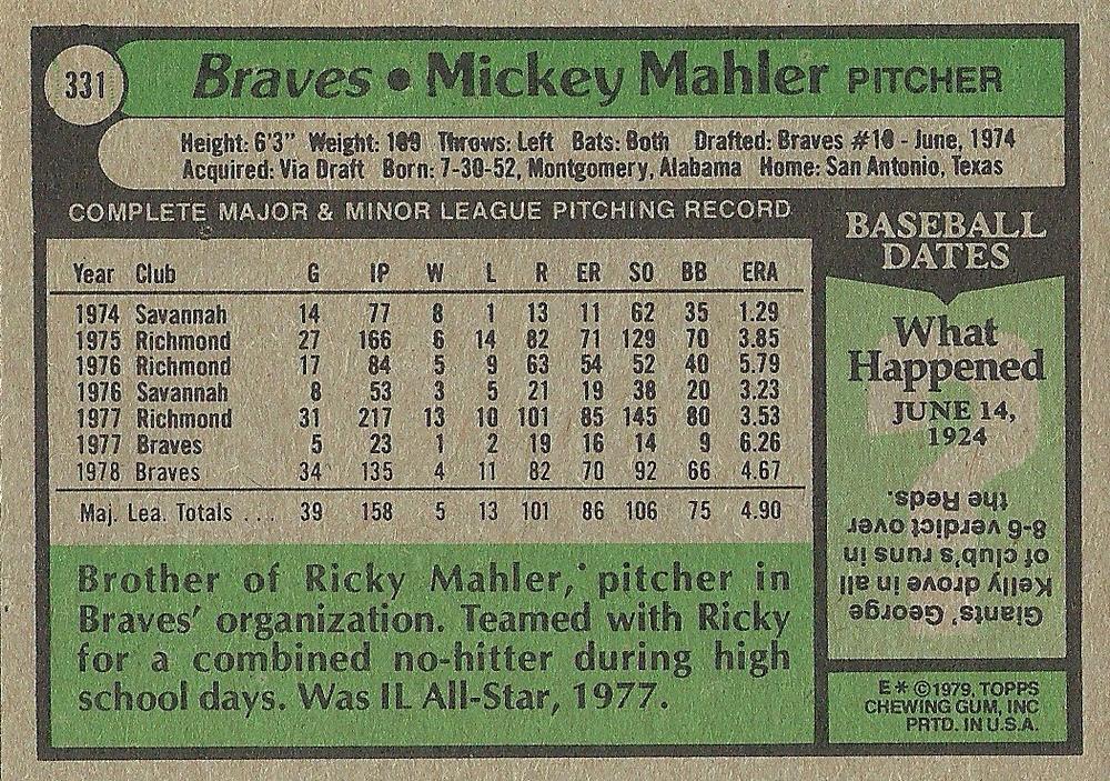 Mickey Mahler  baseball card collectible - Main Image 2