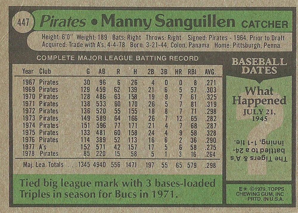 Manny Sanguillen  baseball card collectible - Main Image 2