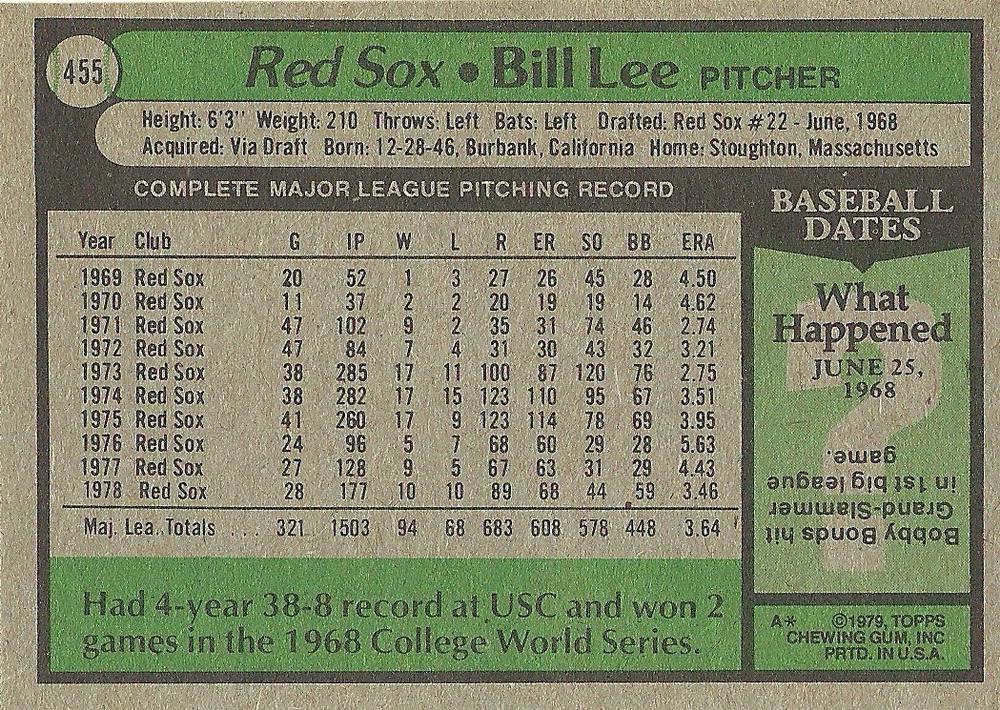 Bill Lee  baseball card collectible - Main Image 2