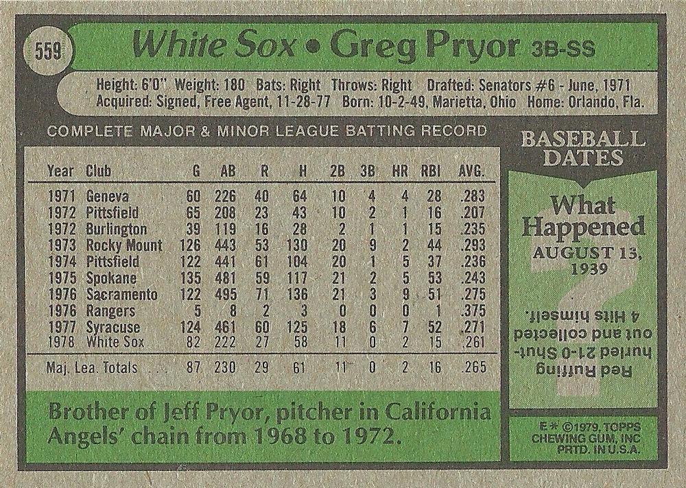 Greg Pryor  baseball card collectible - Main Image 2