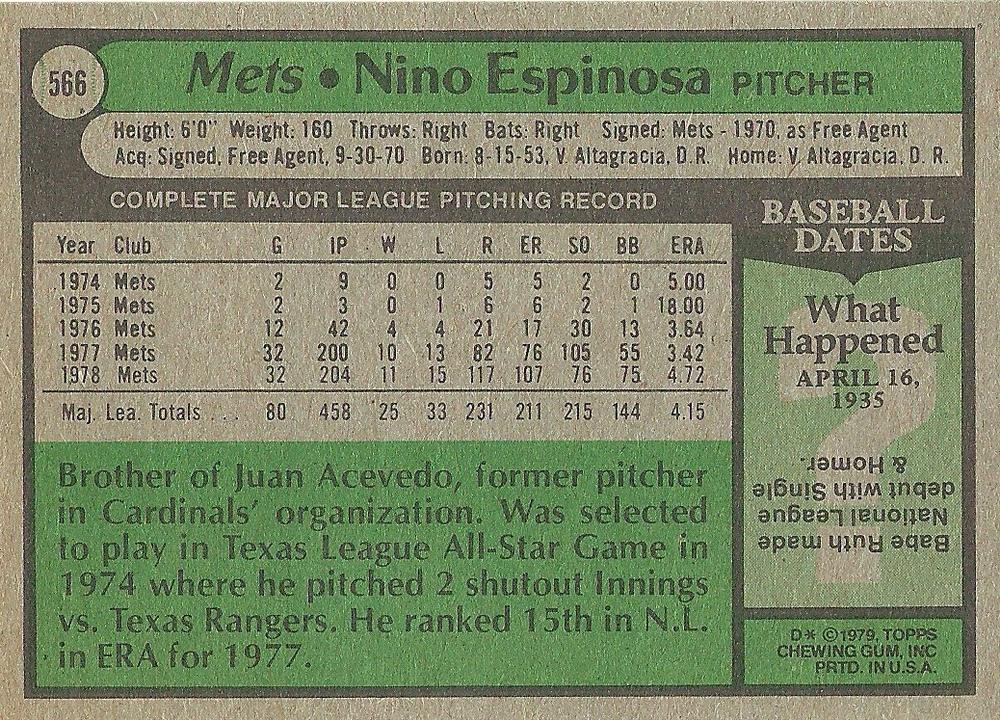 Nino Espinosa  baseball card collectible - Main Image 2