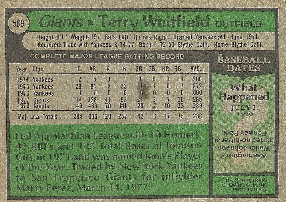 Terry Whitfield  baseball card collectible - Main Image 2