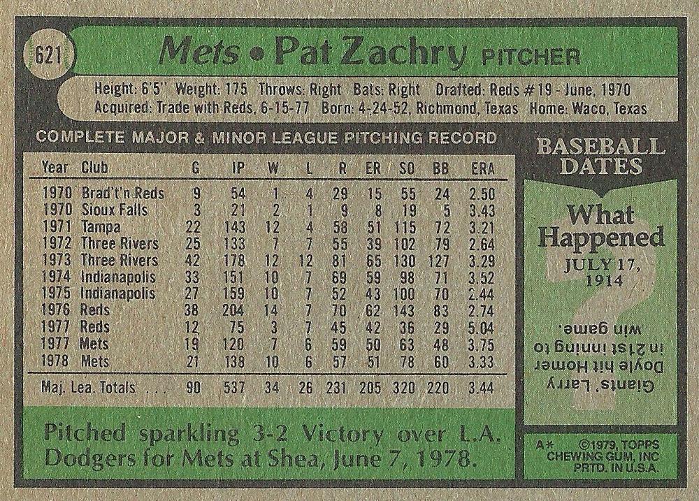 Pat Zachry  baseball card collectible - Main Image 2