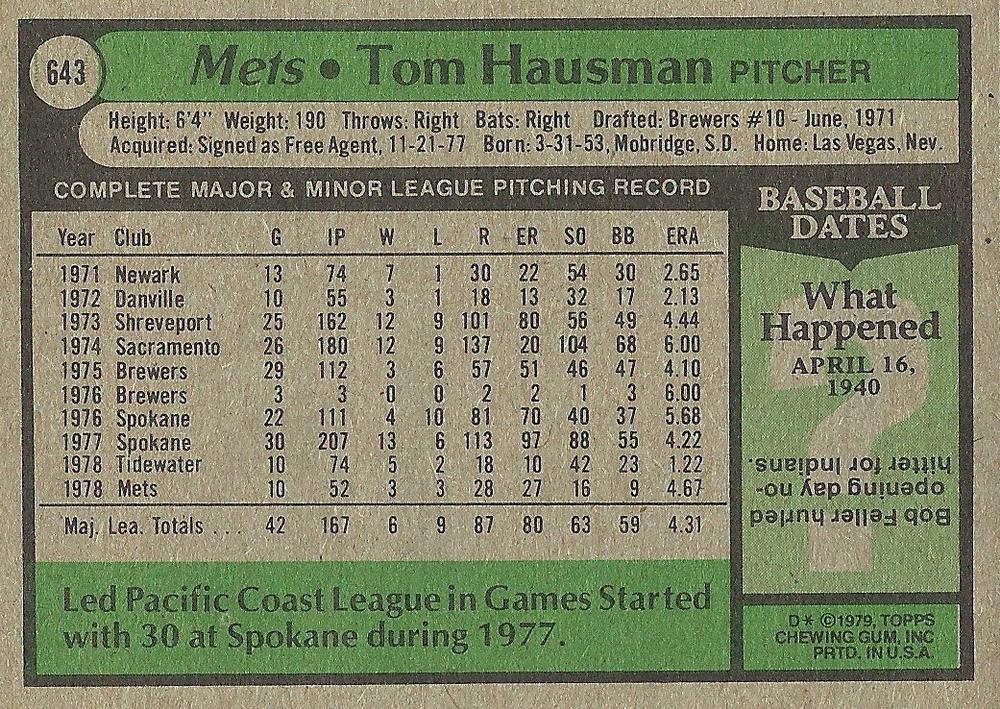 Tom Hausman  baseball card collectible - Main Image 2
