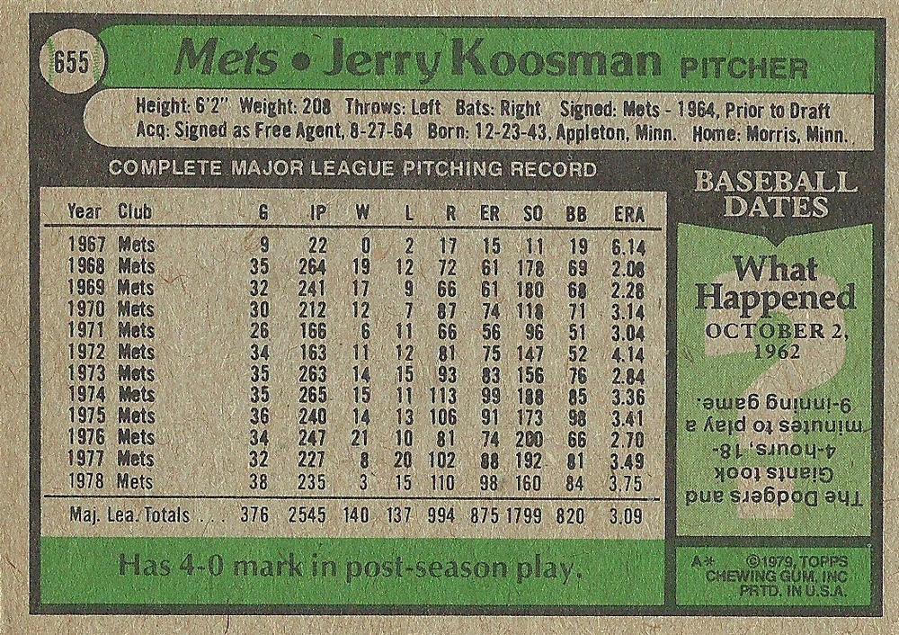 Jerry Koosman  baseball card collectible - Main Image 2