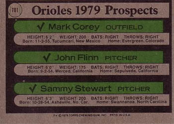 Orioles 1979 Prospects (Mark Corey / John Flinn / Sammy Stewart)  baseball card collectible - Main Image 2