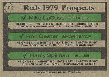 Reds 1979 Prospects (Mike LaCoss / Ron Oester / Harry Spilman)  baseball card collectible - Main Image 2