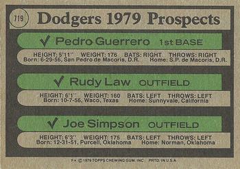 Dodgers 1979 Prospects (Pedro Guerrero / Rudy Law / Joe Simpson)  baseball card collectible - Main Image 2