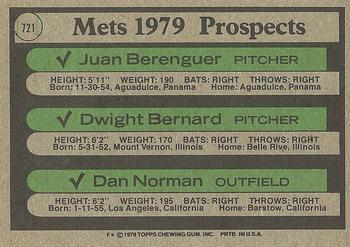 Mets 1979 Prospects (Juan Berenguer / Dwight Bernard / Dan Norman)  baseball card collectible - Main Image 2