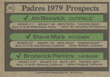 Padres 1979 Prospects (Jim Beswick / Steve Mura / Broderick Perkins)  baseball card collectible - Main Image 2