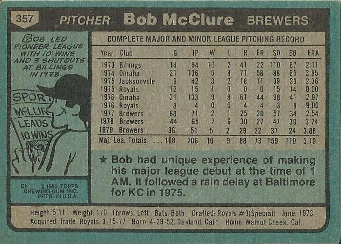 Bob McClure  baseball card collectible - Main Image 2
