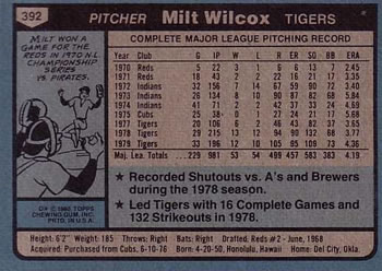 Milt Wilcox  baseball card collectible - Main Image 2
