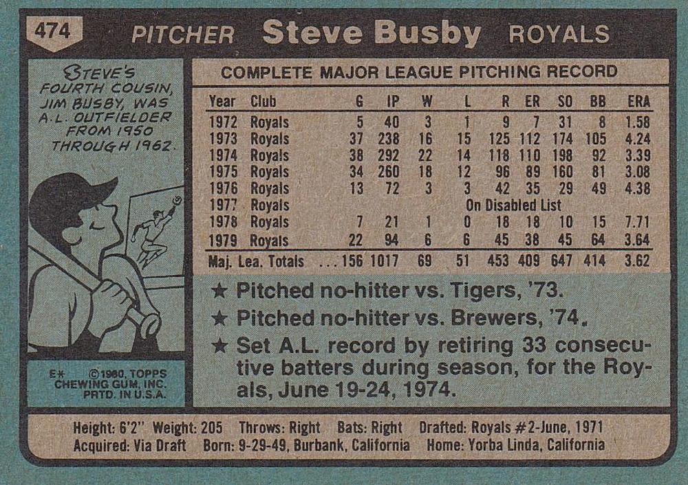 Steve Busby  baseball card collectible - Main Image 2