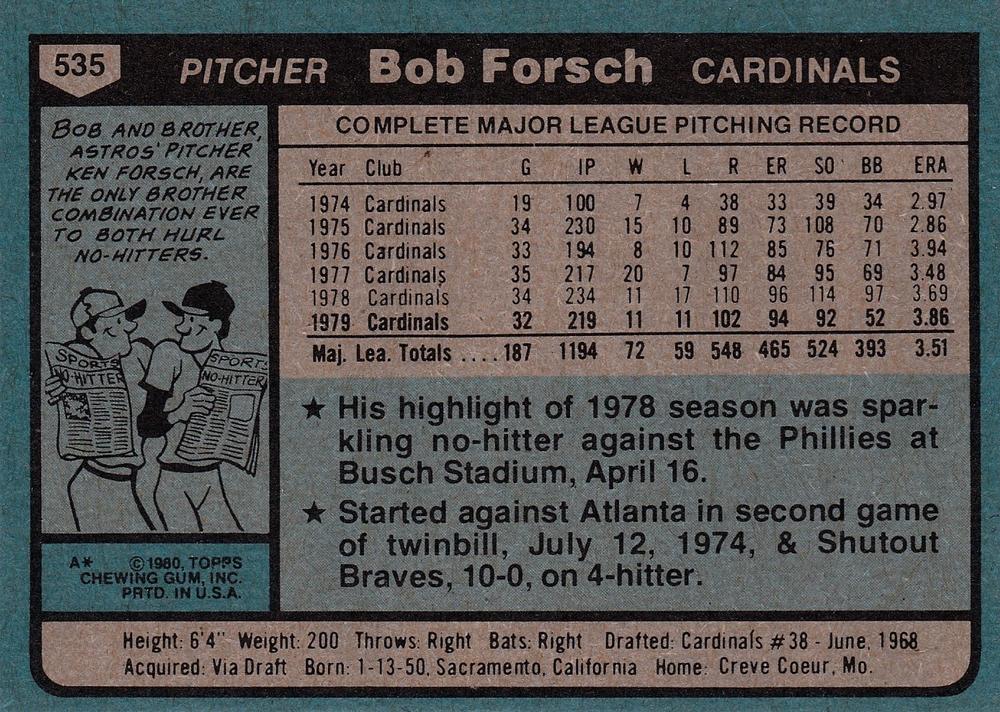 Bob Forsch  baseball card collectible - Main Image 2