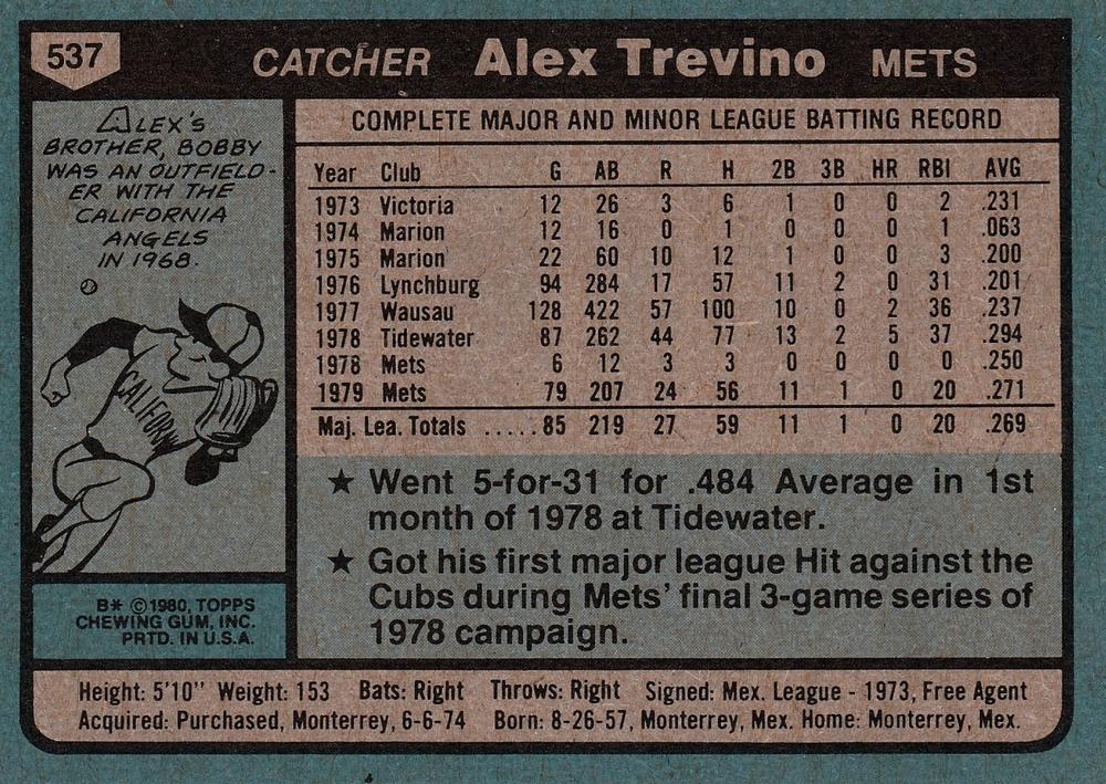 Alex Trevino  baseball card collectible - Main Image 2