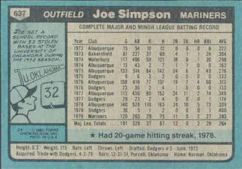 Joe Simpson  baseball card collectible - Main Image 2