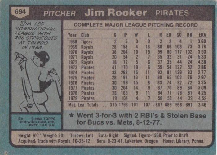 Jim Rooker  baseball card collectible - Main Image 2