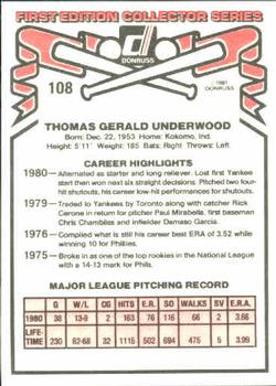 Tom Underwood  baseball card collectible - Main Image 2