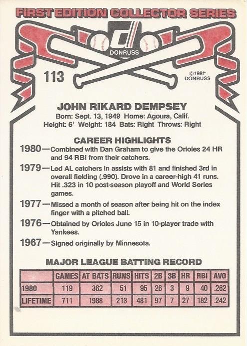 Rick Dempsey  baseball card collectible - Main Image 2