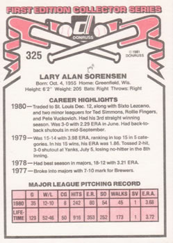 Lary Sorensen  baseball card collectible - Main Image 2