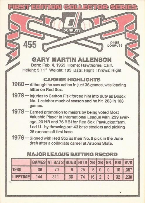 Gary Allenson  baseball card collectible - Main Image 2