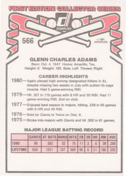 Glenn Adams  baseball card collectible - Main Image 2