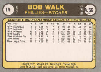 Bob Walk  baseball card collectible - Main Image 2