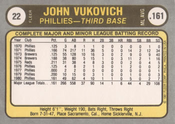 John Vukovich  baseball card collectible - Main Image 2