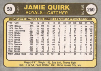 Jamie Quirk  baseball card collectible - Main Image 2