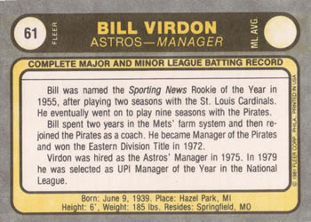Bill Virdon  baseball card collectible - Main Image 2