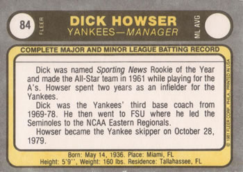 Dick Howser  baseball card collectible - Main Image 2