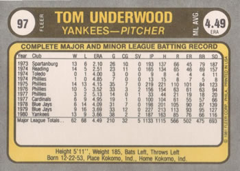 Tom Underwood  baseball card collectible - Main Image 2