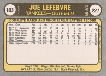 Joe Lefebvre  baseball card collectible - Main Image 2