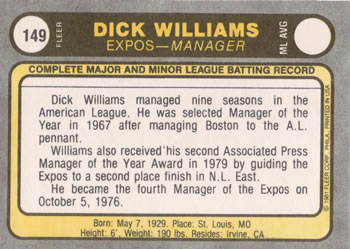 Dick Williams  baseball card collectible - Main Image 2