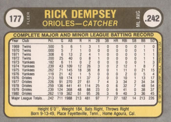 Rick Dempsey  baseball card collectible - Main Image 2