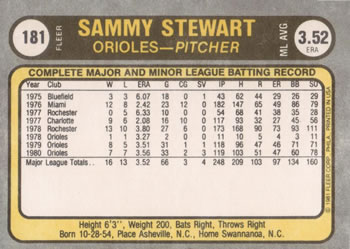 Sammy Stewart  baseball card collectible - Main Image 2