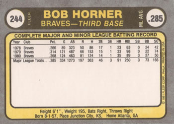 Bob Horner  baseball card collectible - Main Image 2
