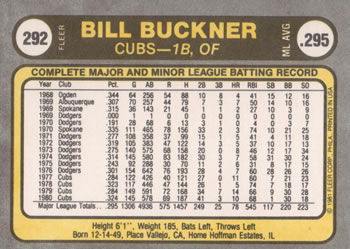 Bill Buckner  baseball card collectible - Main Image 2