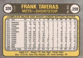 Frank Taveras  baseball card collectible - Main Image 2