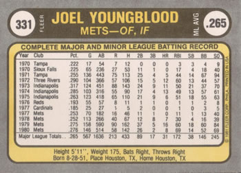 Joel Youngblood  baseball card collectible - Main Image 2