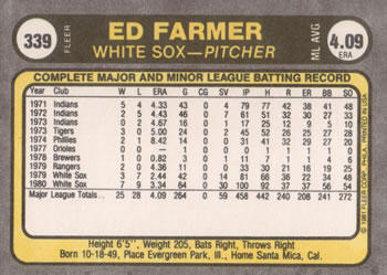 Ed Farmer  baseball card collectible - Main Image 2