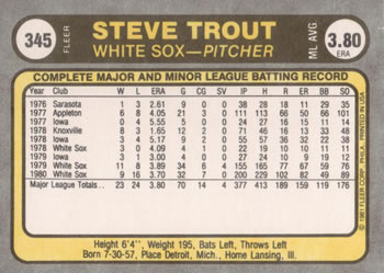 Steve Trout  baseball card collectible - Main Image 2
