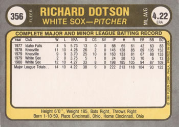 Richard Dotson  baseball card collectible - Main Image 2