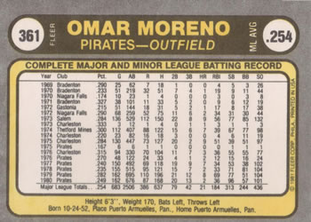 Omar Moreno  baseball card collectible - Main Image 2