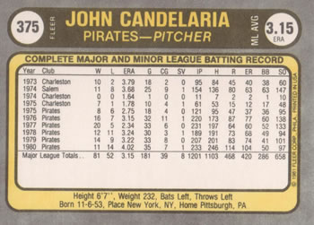 John Candelaria  baseball card collectible - Main Image 2